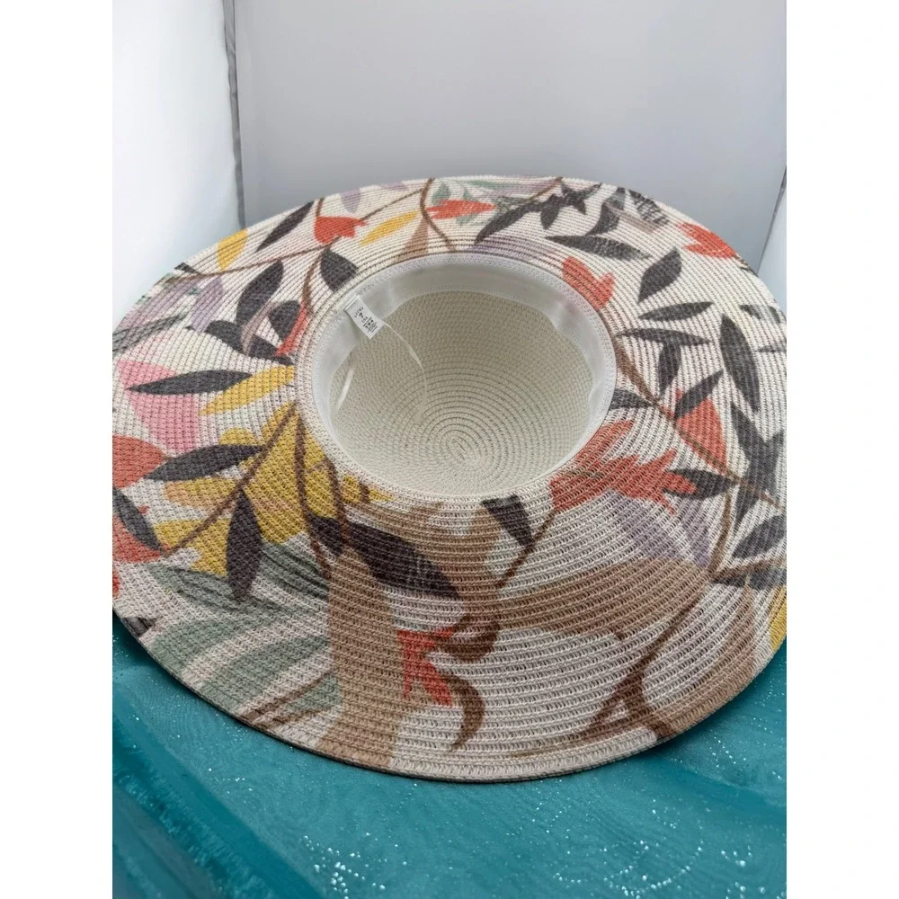 Lucky‎ 7 USA Womens Wide Brim Paper Straw Sun Hat Floral UV Protection Cream
